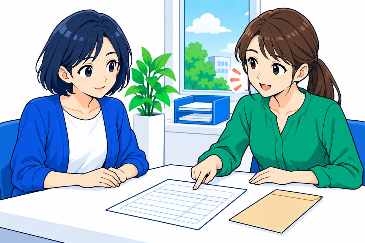 健診の支払いについて人事担当者と案内書を見ながら相談する女性