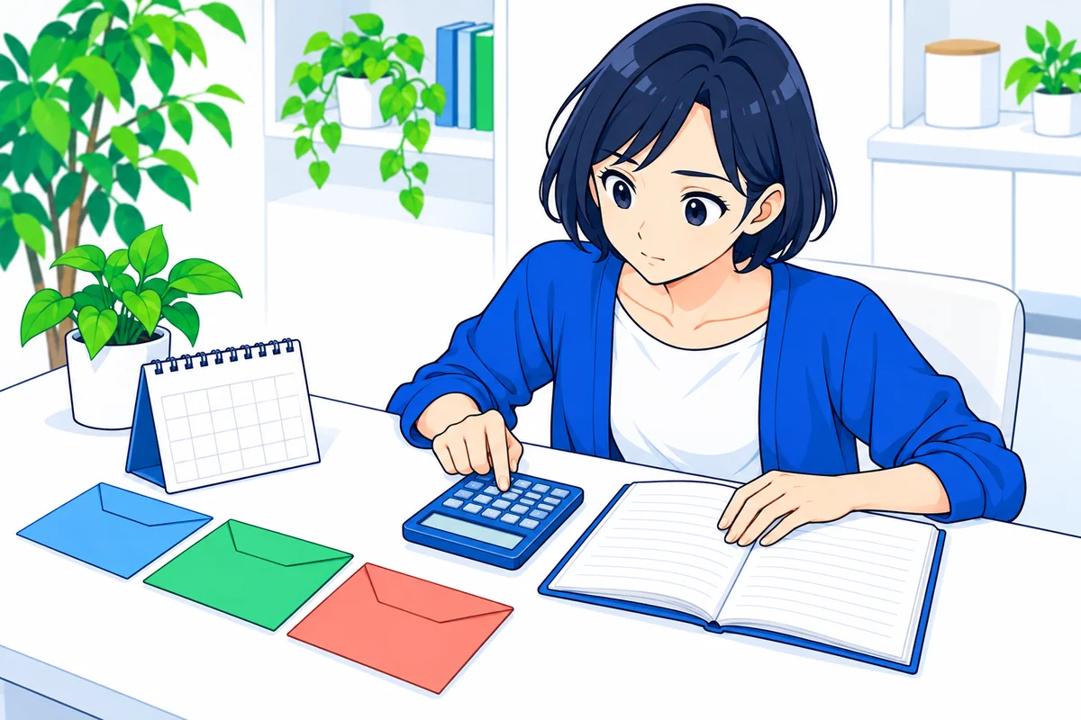 生活費の封筒と予定表を置いて不足額と返済余力を計算する女性