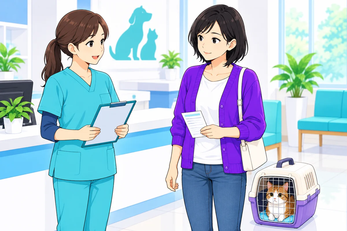 女性が猫のキャリーを足元に置いて病院の受付担当者と支払いを相談する