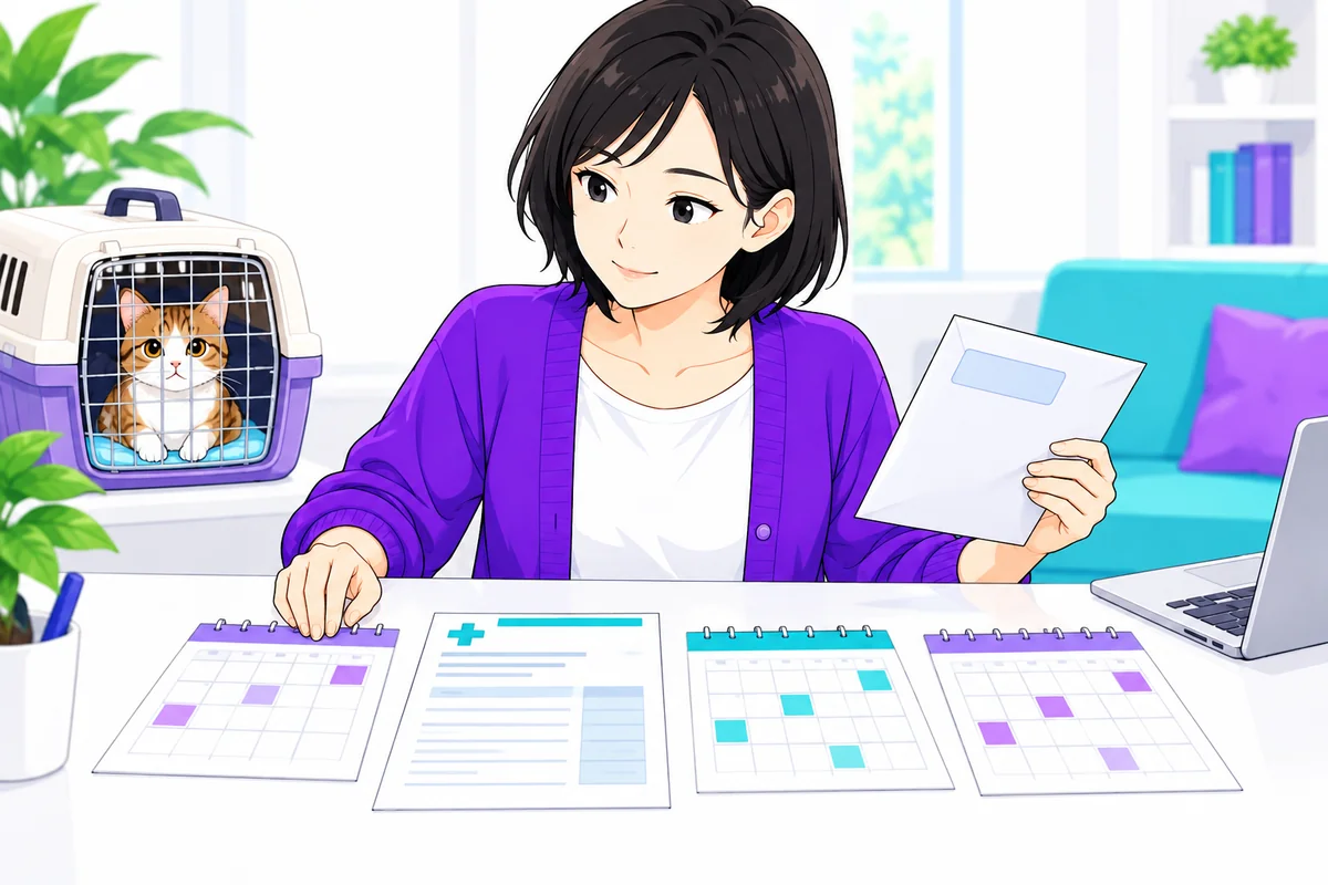 女性が診療明細と保険請求用の封筒を日付の違うカレンダーと並べて整理する