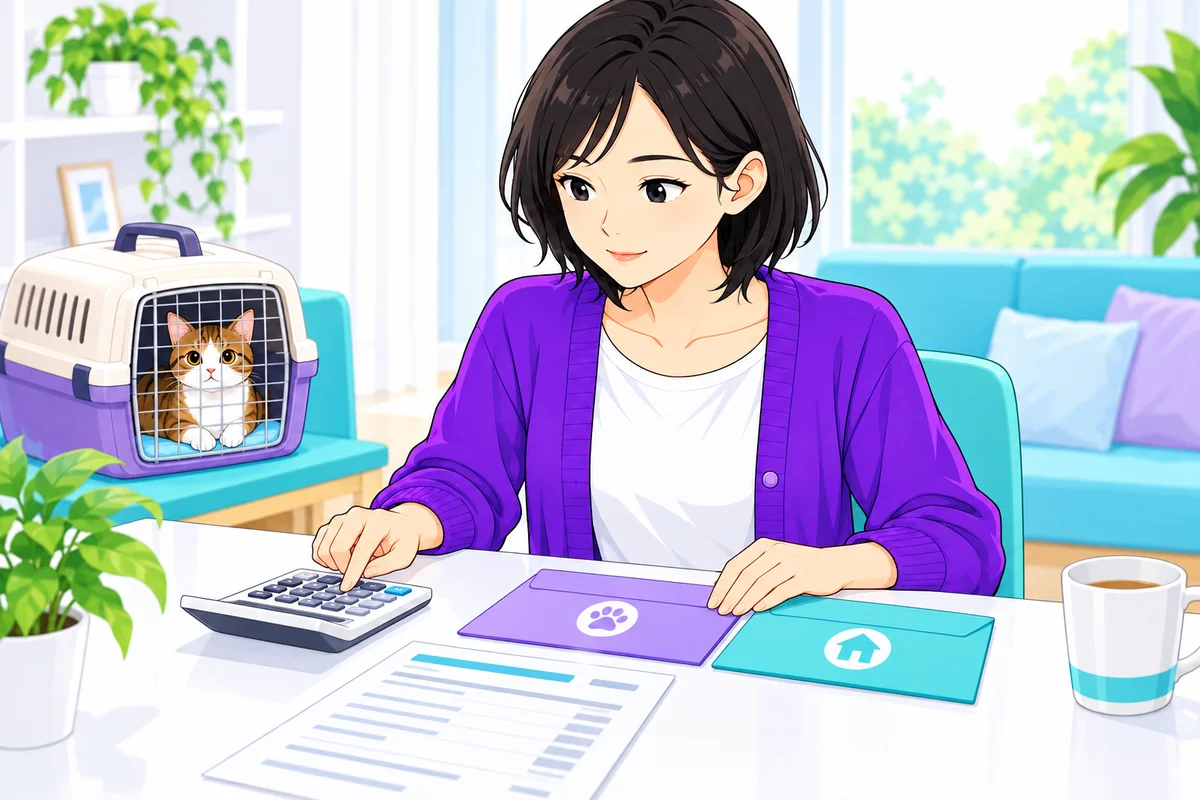女性がペットの通院費と生活費の封筒を分けて電卓で返済を計算する