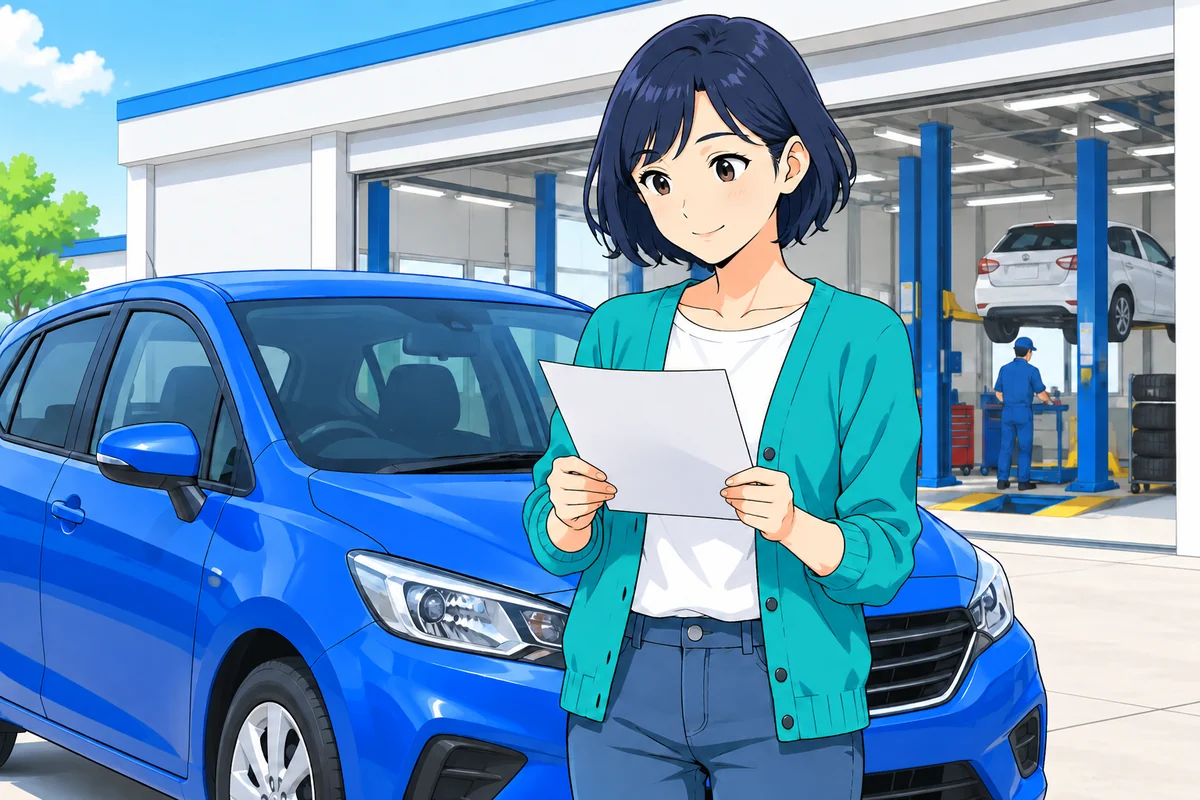 女性が車検前に愛車のそばで見積書を確認する