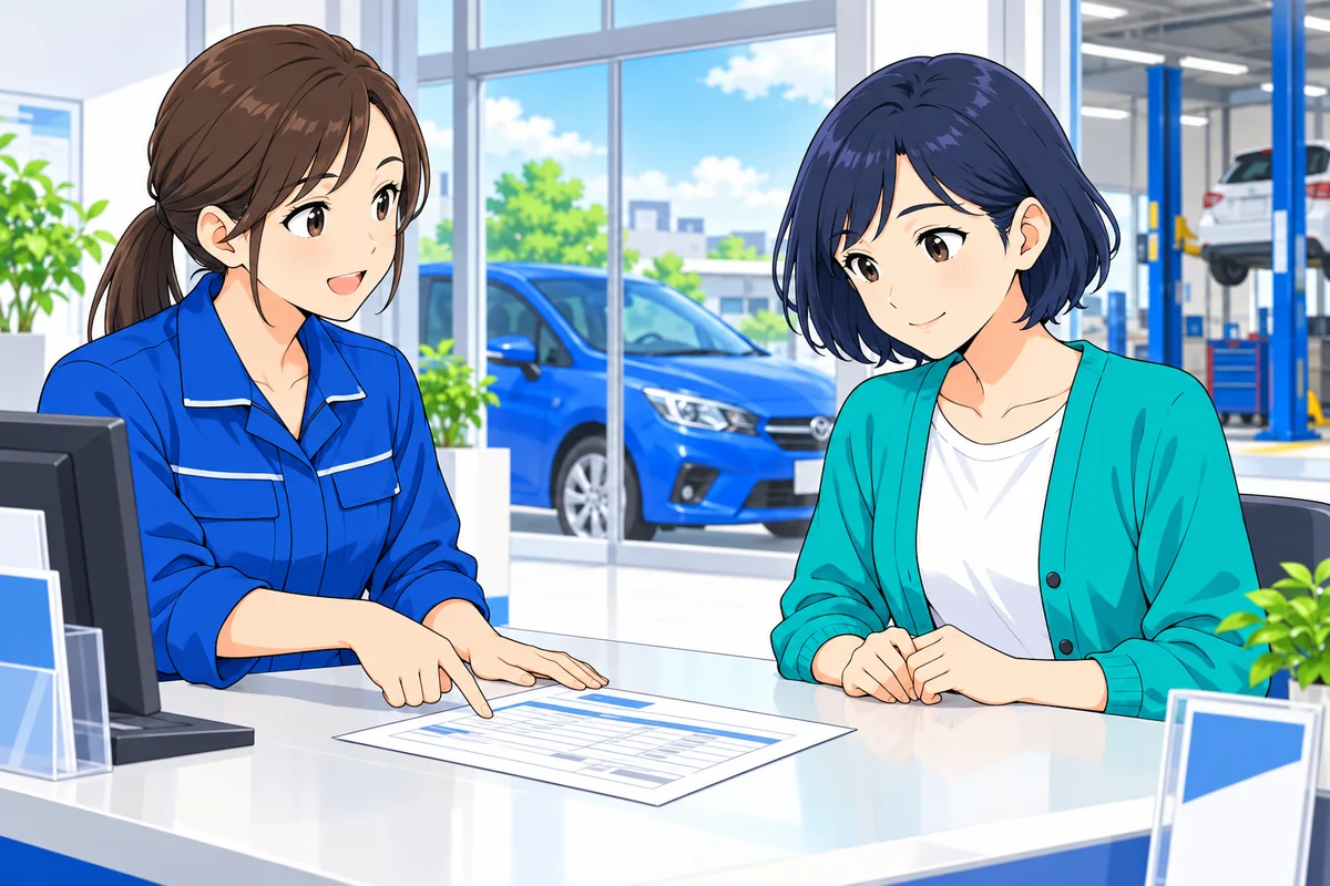 女性が車検の見積書を見ながら整備工場の受付で支払い方法を相談する