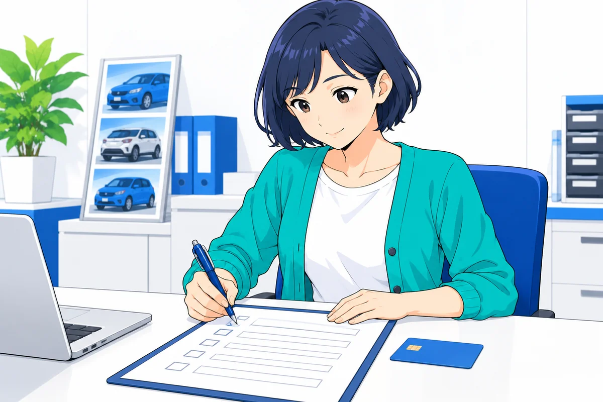 女性が車検の支払いに使う申込書の項目を確認する