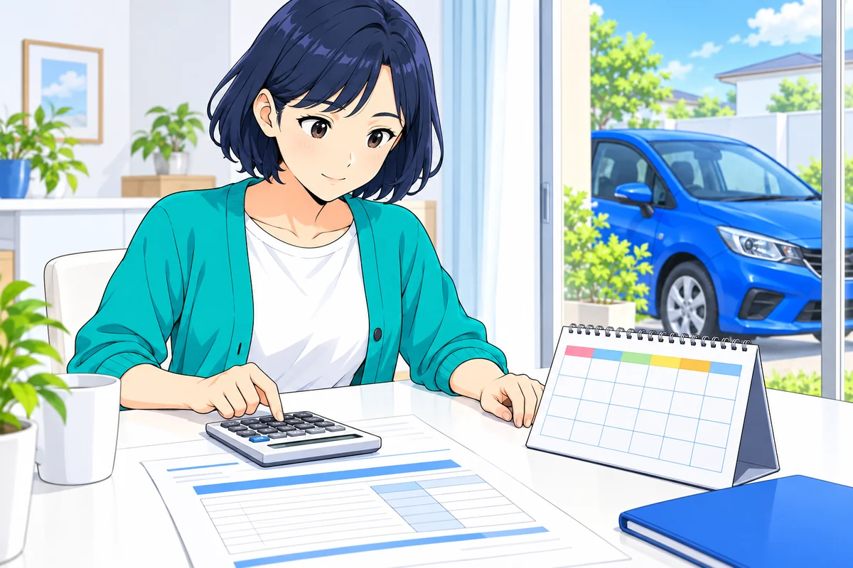 女性が見積書と電卓とカレンダーで車検の支払いを計画する