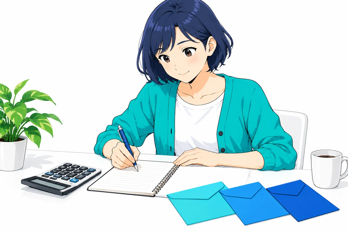 女性が家計ノートと封筒を使って毎月の返済余力を確認する