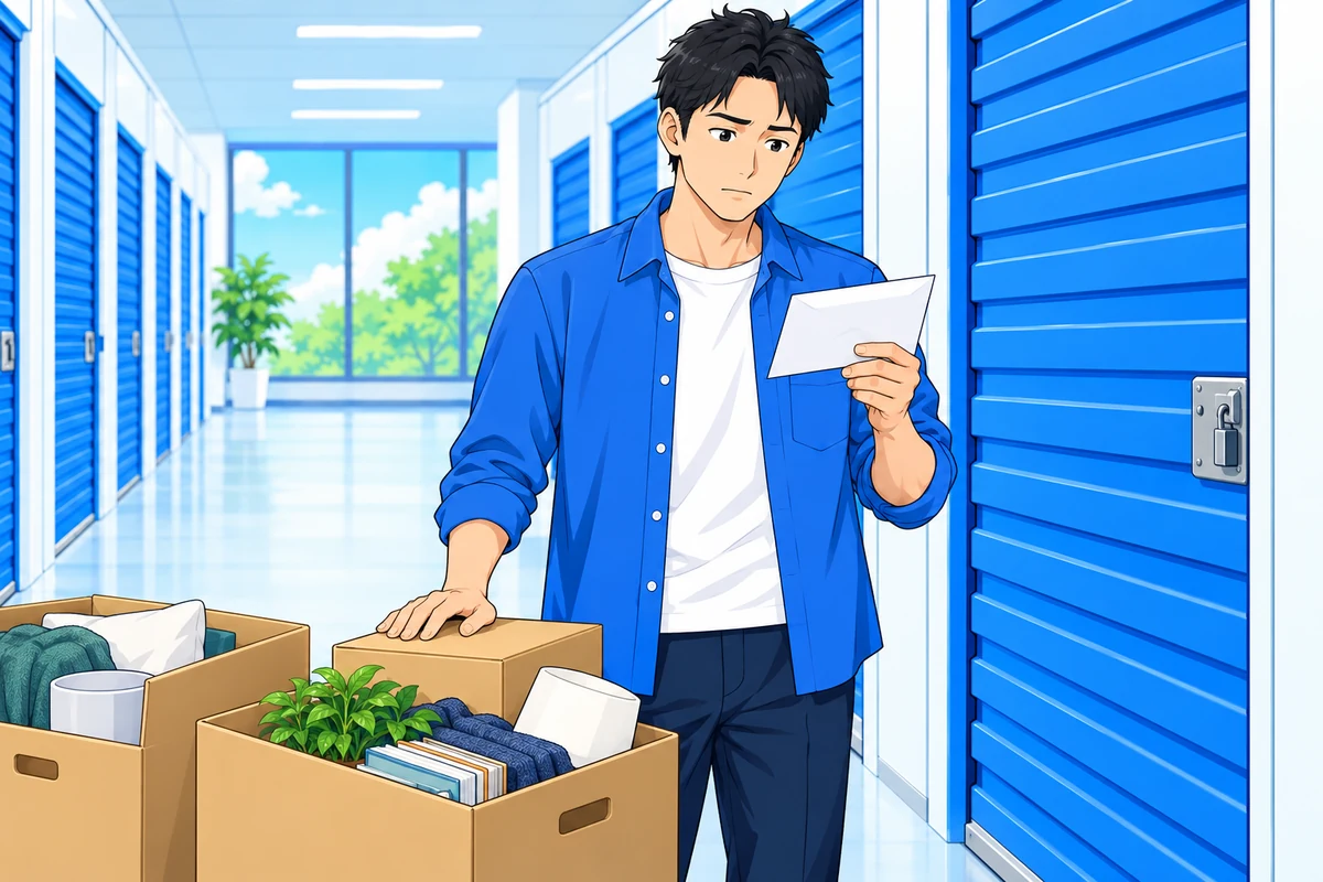 収納室の前で料金の通知と私物の箱を見ている男性