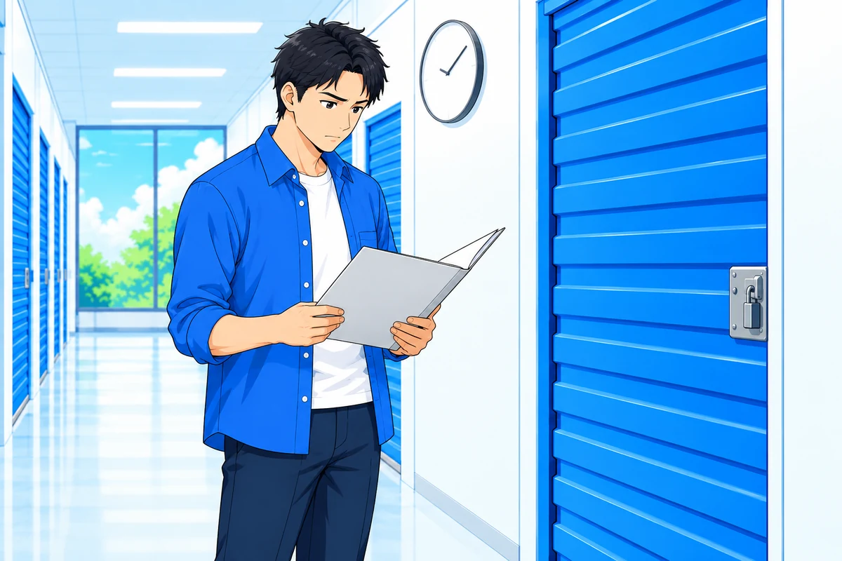 閉じた収納室の前で契約書を読み荷物の引取期限を確かめる男性