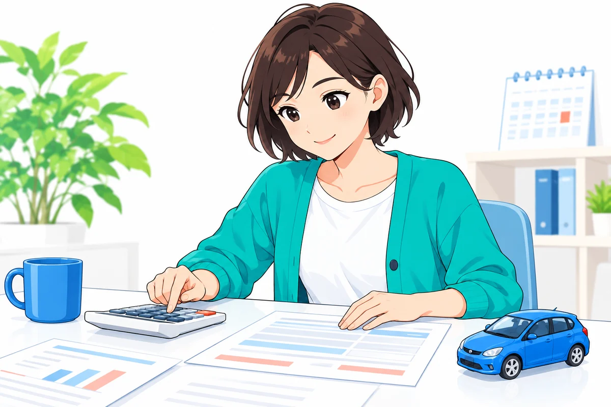 明細を見ながら電卓で残高を確認する女性