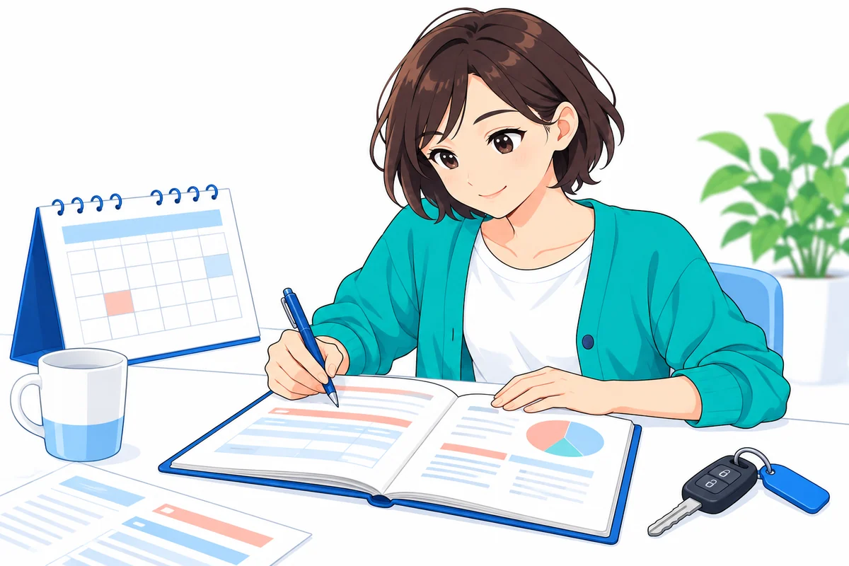 カレンダーと家計ノートで支払予定を確認する女性
