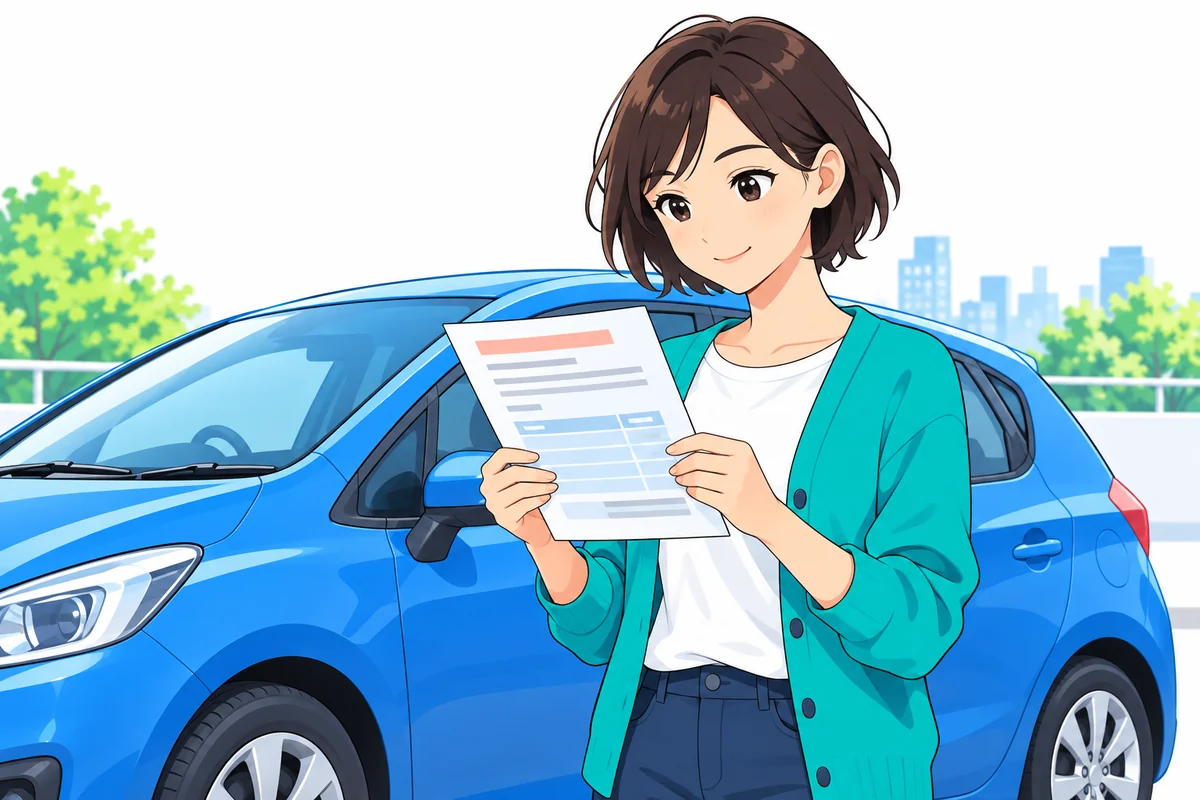 青い車の横で支払予定の書類を確認する女性