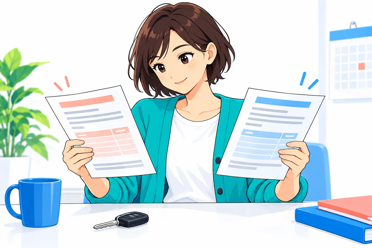 車の鍵と二つの契約書を見比べる女性
