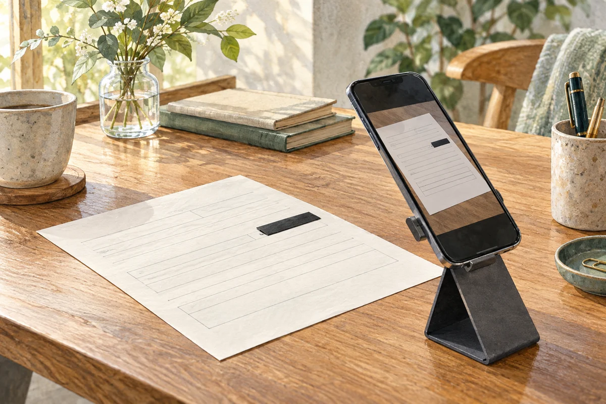 書類の四隅が入るようスマートフォンで撮影する準備のイラスト