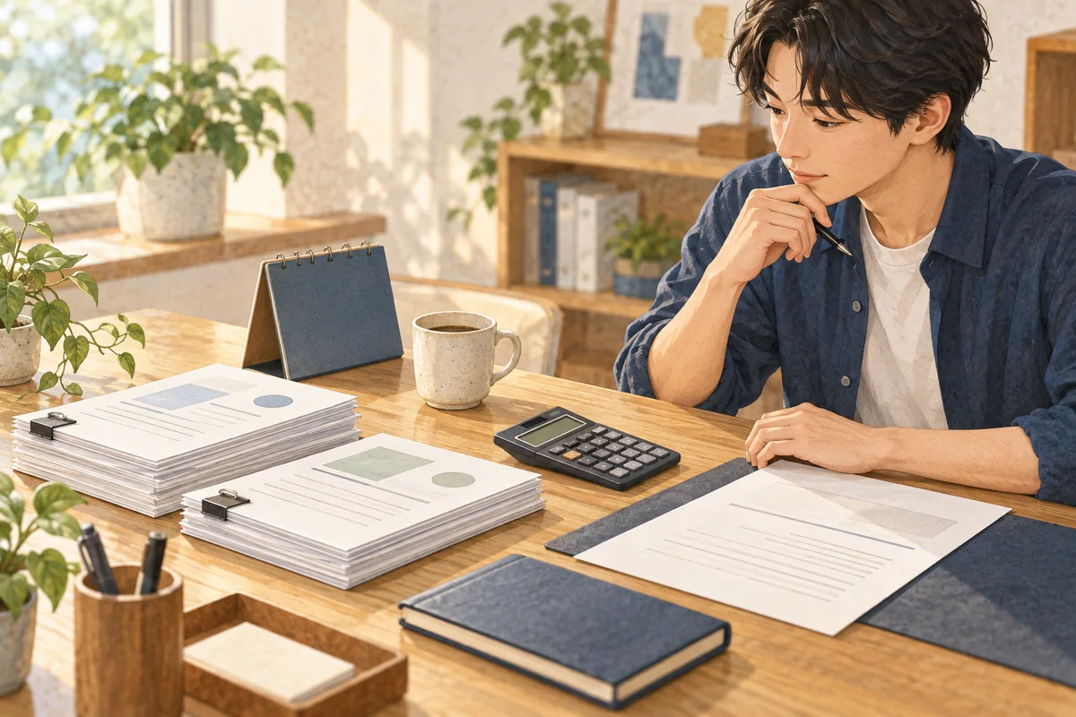 年間の収入資料を整理して申込前に金額を確かめるイラスト