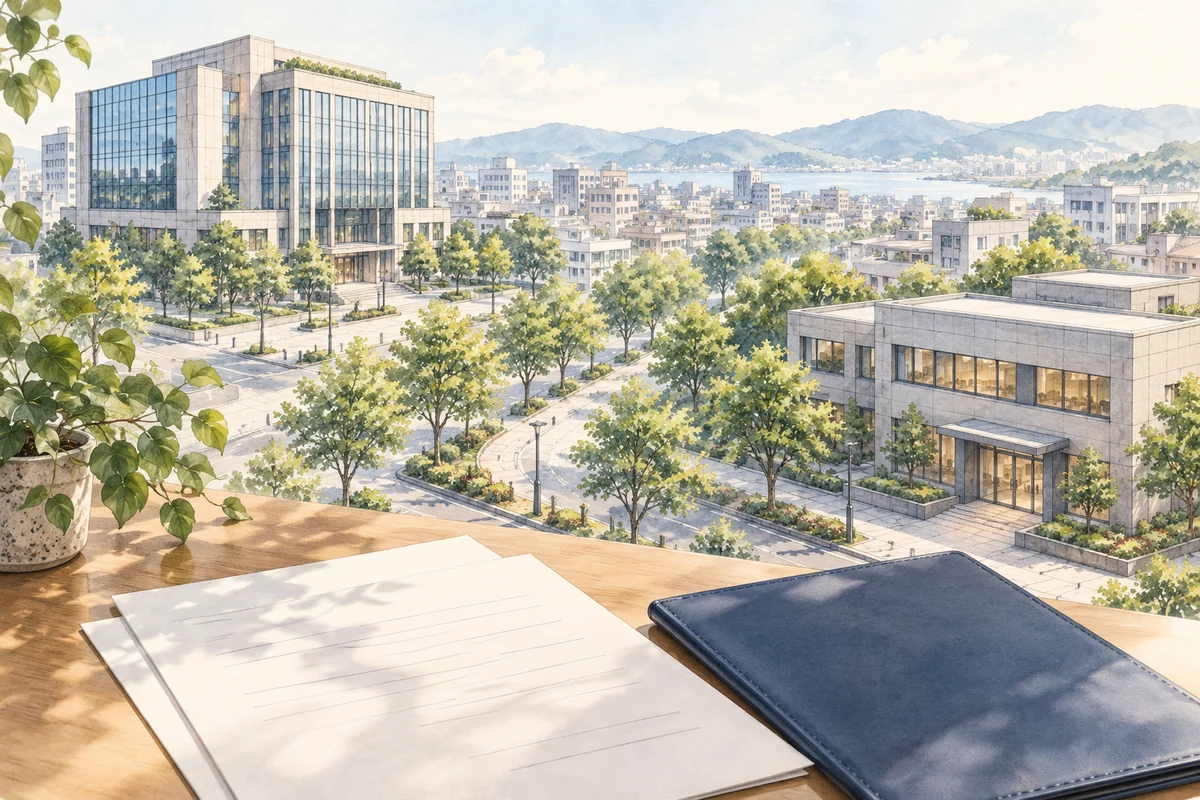 離れた場所にある本社と支店の建物を描いた街のイラスト