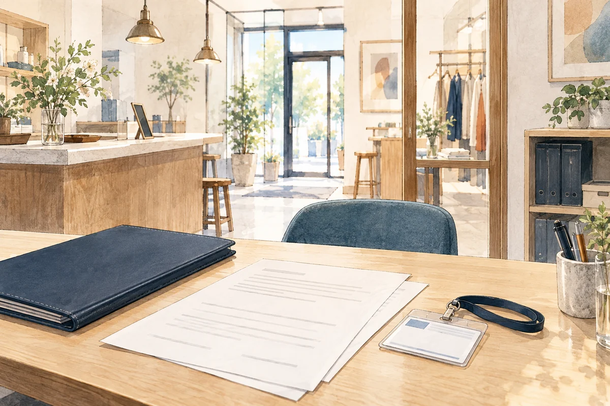 店舗の事務机に雇用関係の書類と社員カードを置いたイラスト