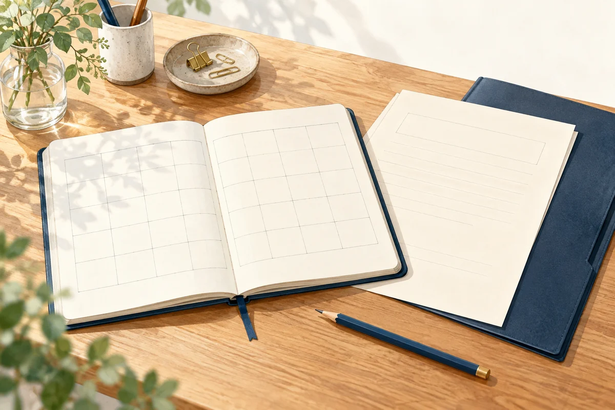 月間手帳と雇用関係の書類を並べて入社時期を確かめるイラスト