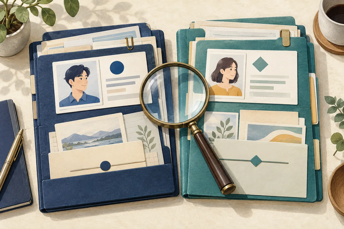 二人分の個人資料を別々のファイルで照合するイラスト
