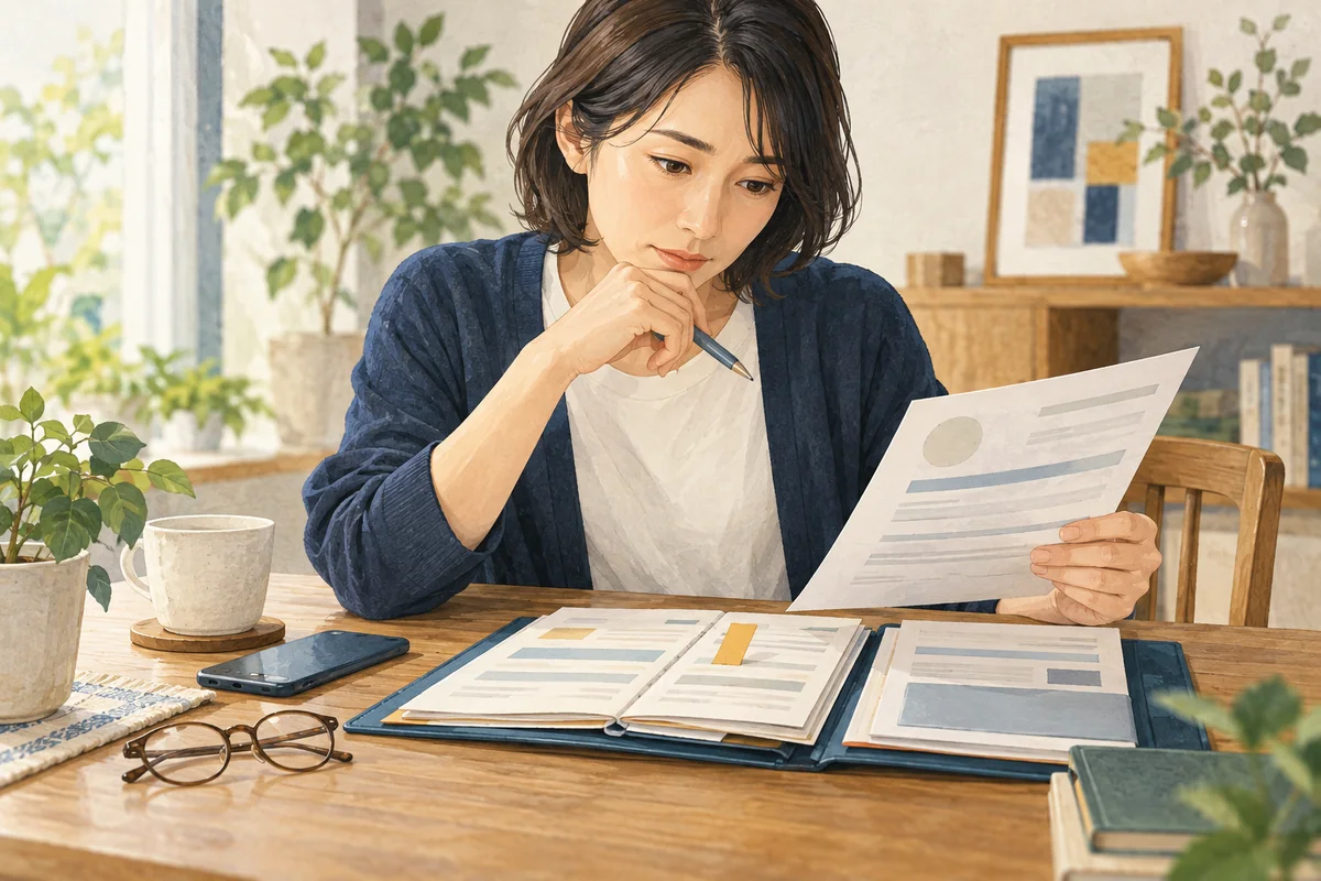 個人の資料と契約記録を落ち着いて照合するイラスト