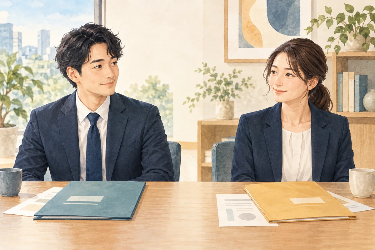 似た服装の二人がそれぞれ別の書類を持っているイラスト