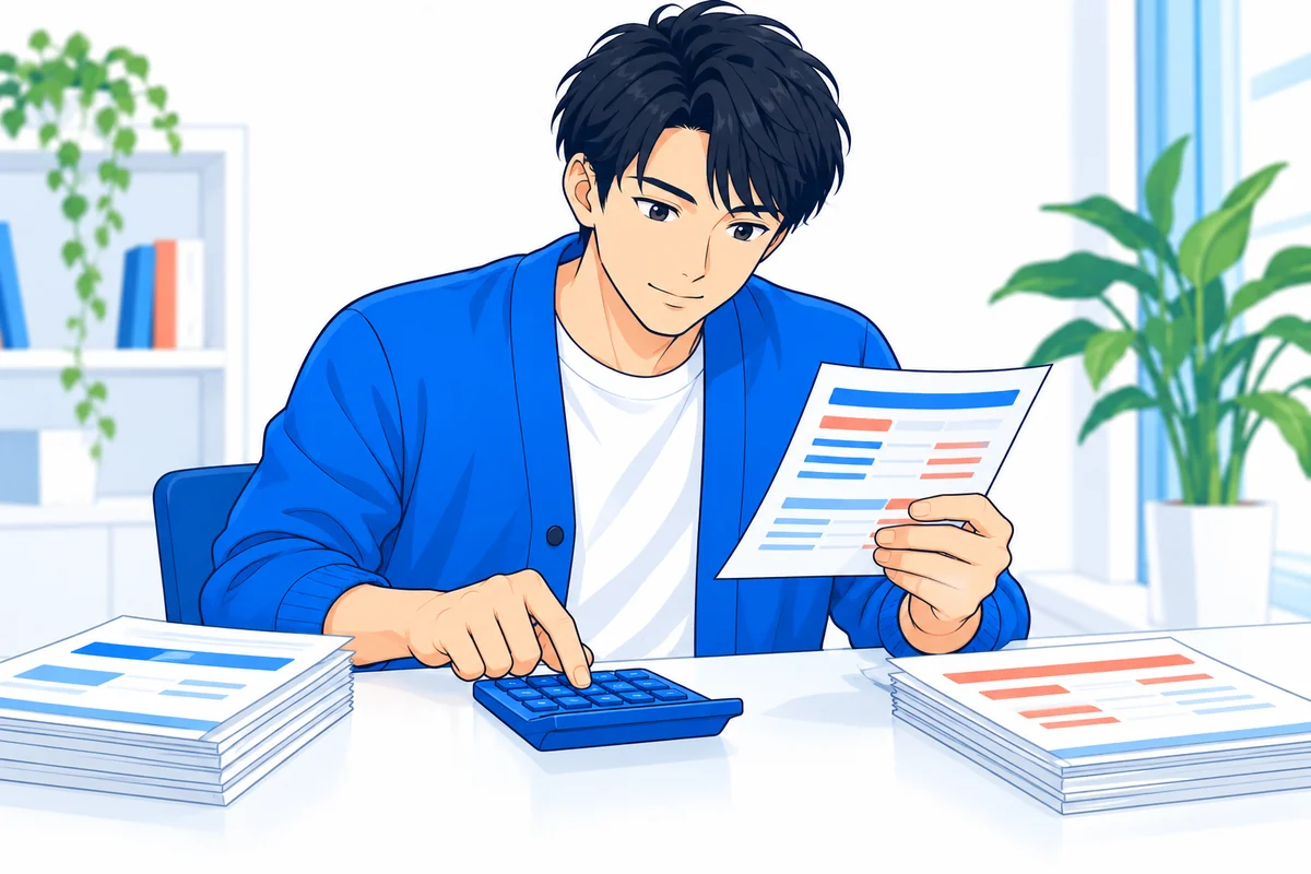 明細を見ながら借入残高を計算する男性