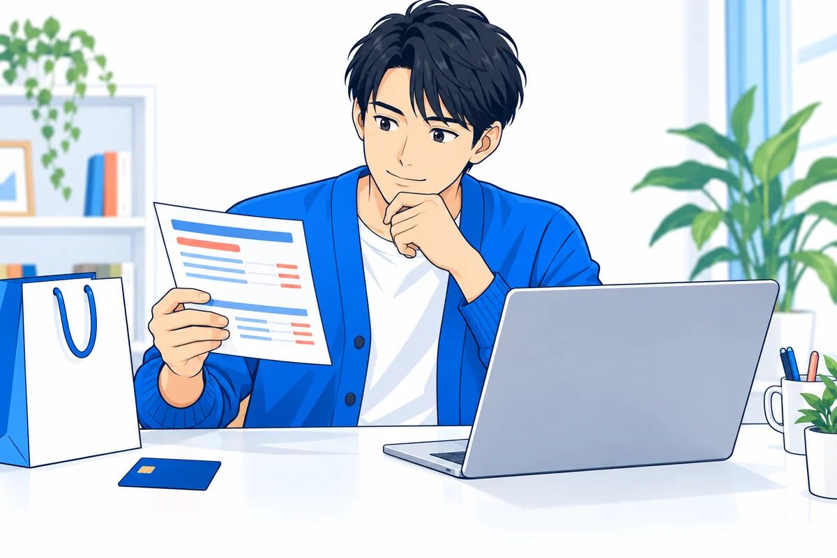 カード明細と申込画面を見比べる青いカーディガンの男性