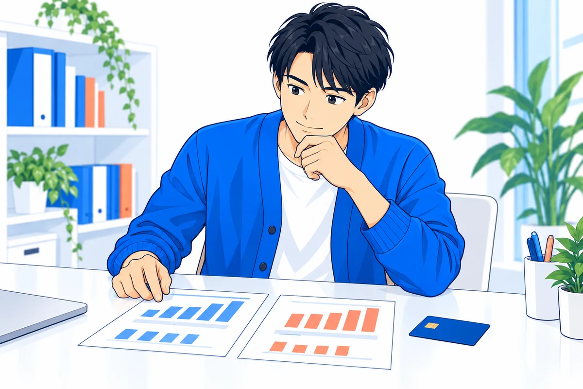 カードと書類を照らし合わせて条件を確認する男性