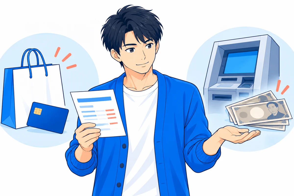 買物と現金の借入を区別して確認する男性