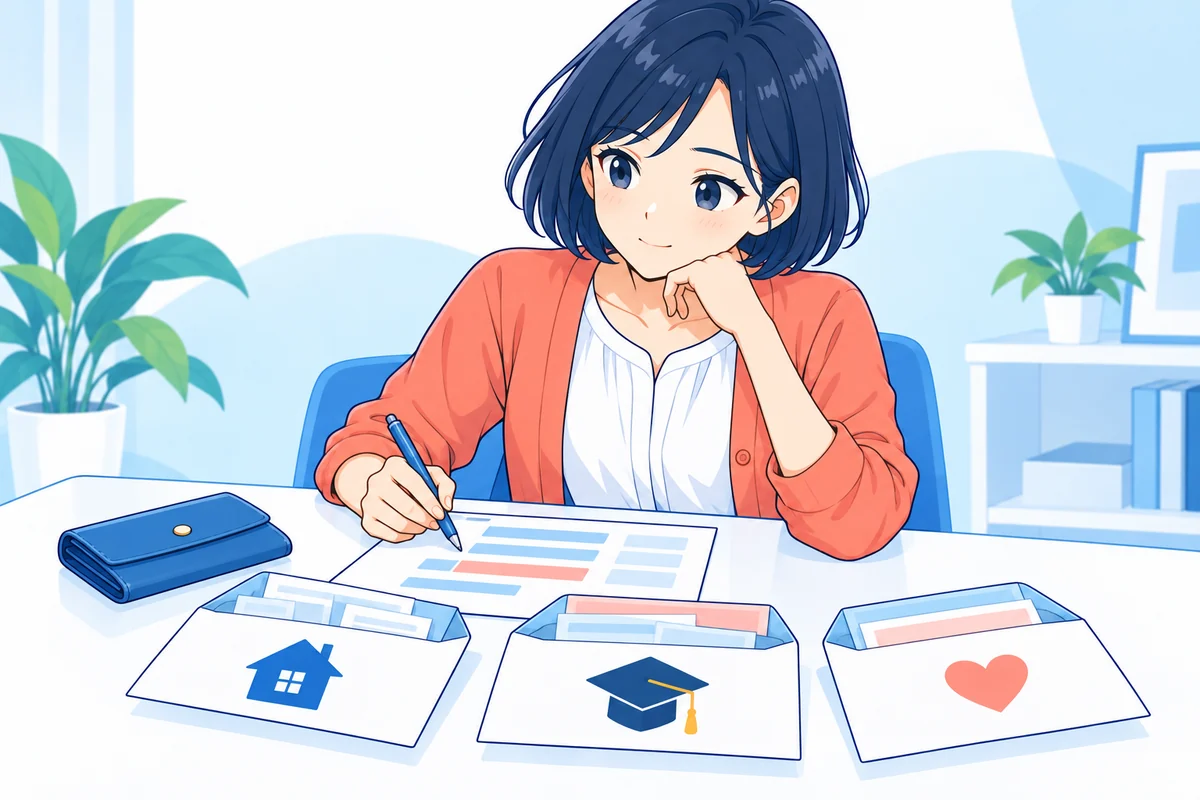 奨学金の返還や生活費の封筒を並べ家計を見直す女性