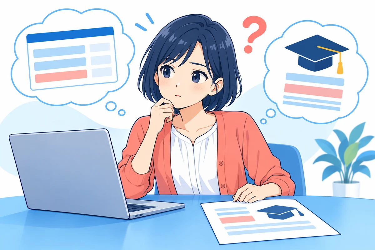 奨学金の書類を見ながら申込画面の入力対象を考える女性