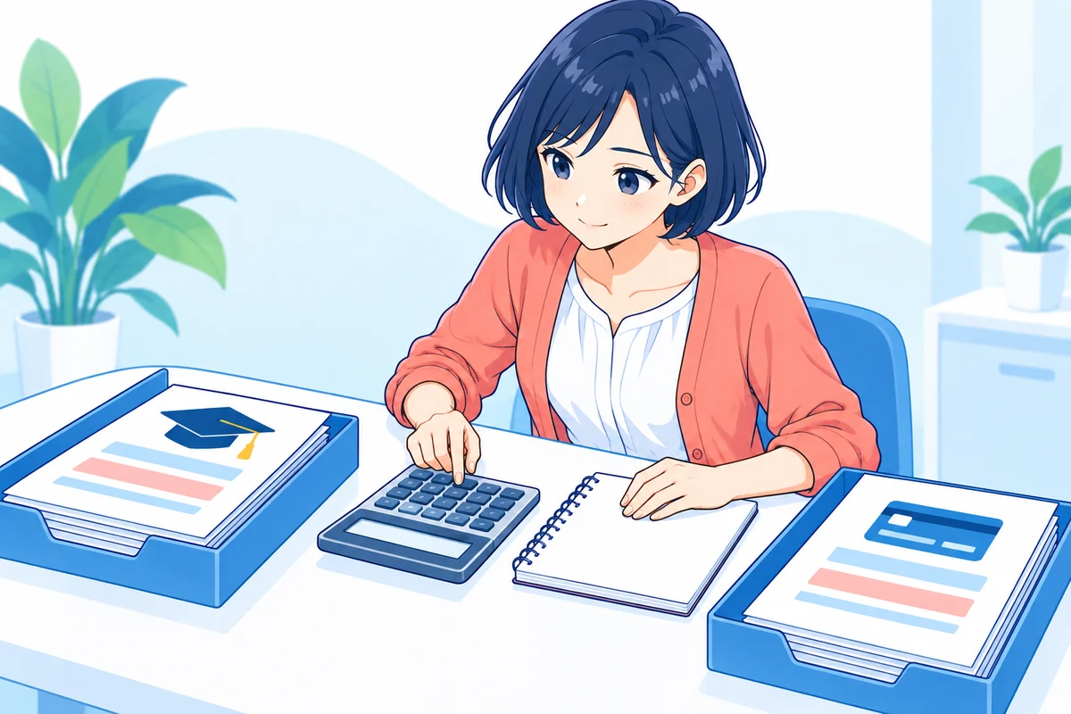 奨学金とカードの借入明細を分けて計算する女性