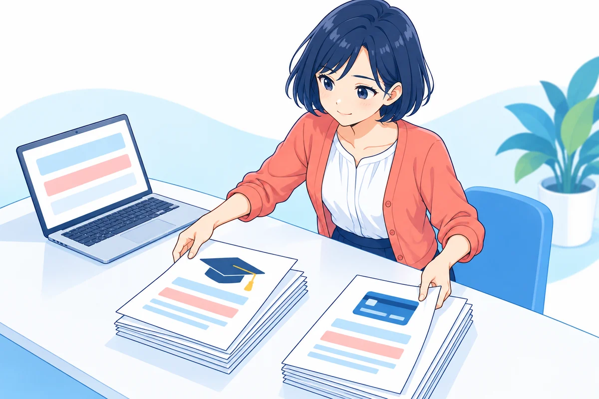 奨学金の書類とカード借入の書類を分けて入力対象を確かめる女性
