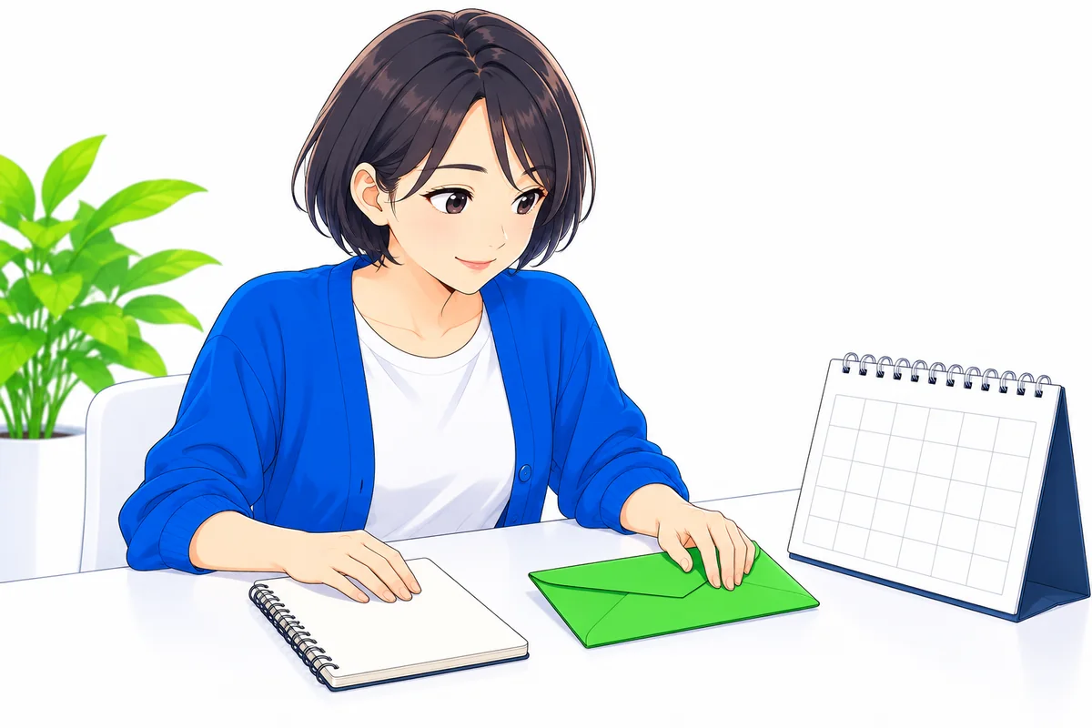 カレンダーと封筒を使って次の返済分を取り分ける女性