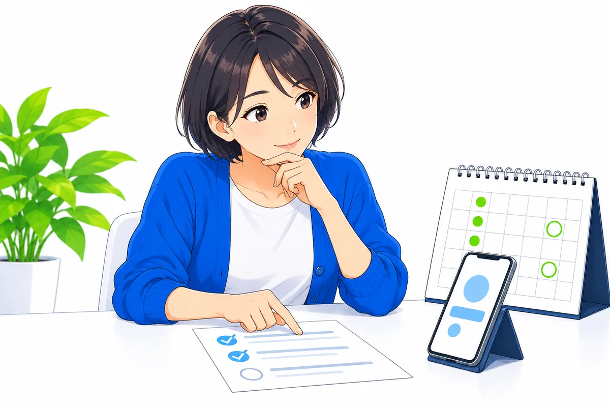 スマートフォンの予定と手元のメモを見比べる女性