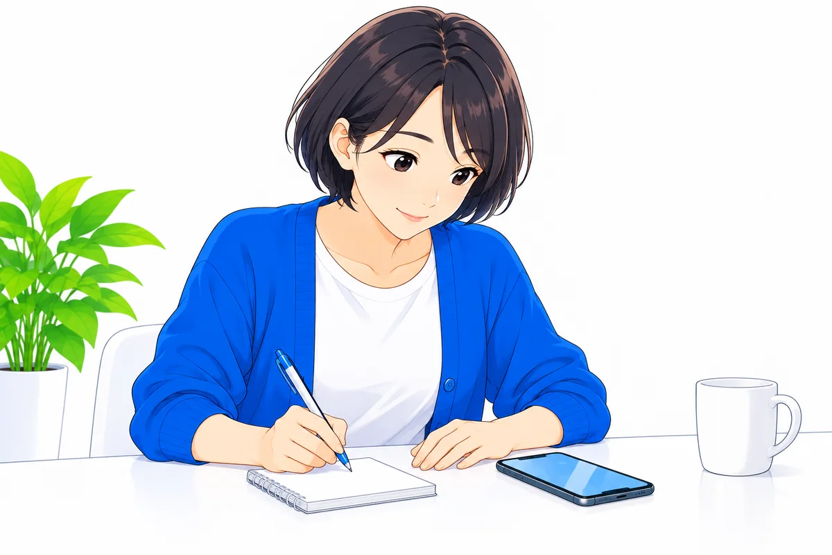 支払いの見込みをメモしてスマートフォンで相談する女性