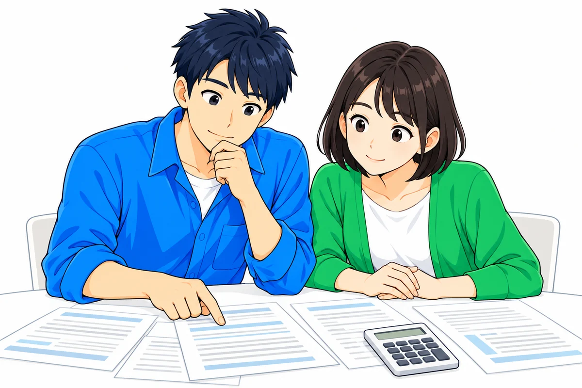 電卓と家計の書類で毎月の返済を計算する夫婦