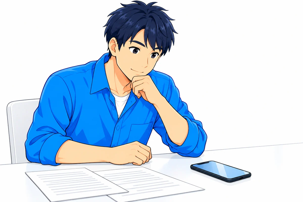スマートフォンと契約書を見比べて借入状況を確認する男性