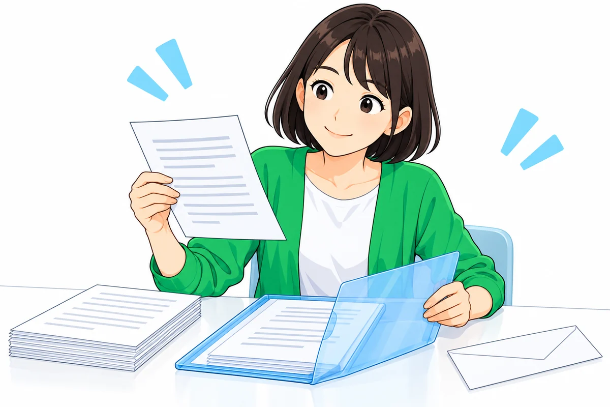 住宅ローンの相談に使う証明書をファイルへ整理する女性