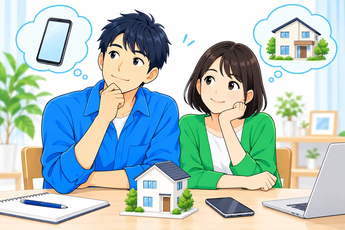 住宅模型とスマートフォンを前に購入資金を考える夫婦