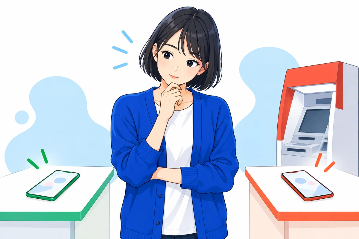 スマートフォンで管理する方法とATMも使う方法を考える女性