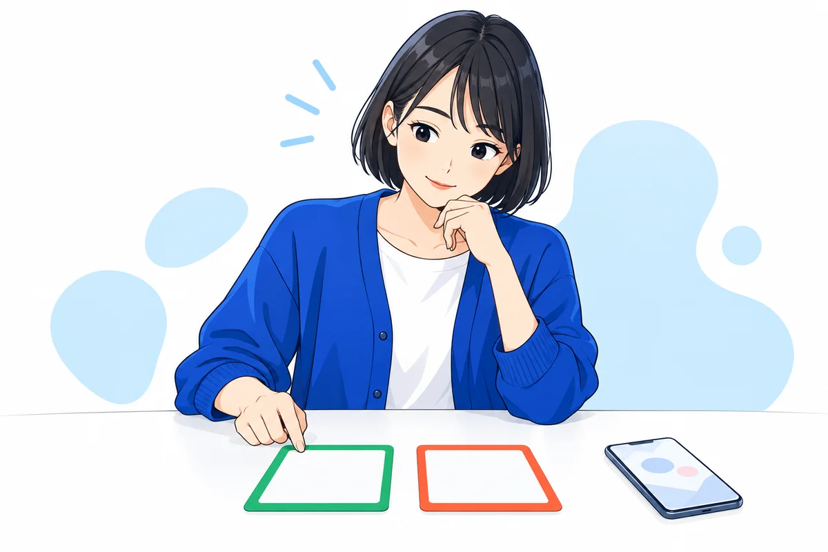 二つの選択肢とスマートフォンを見比べて考える女性
