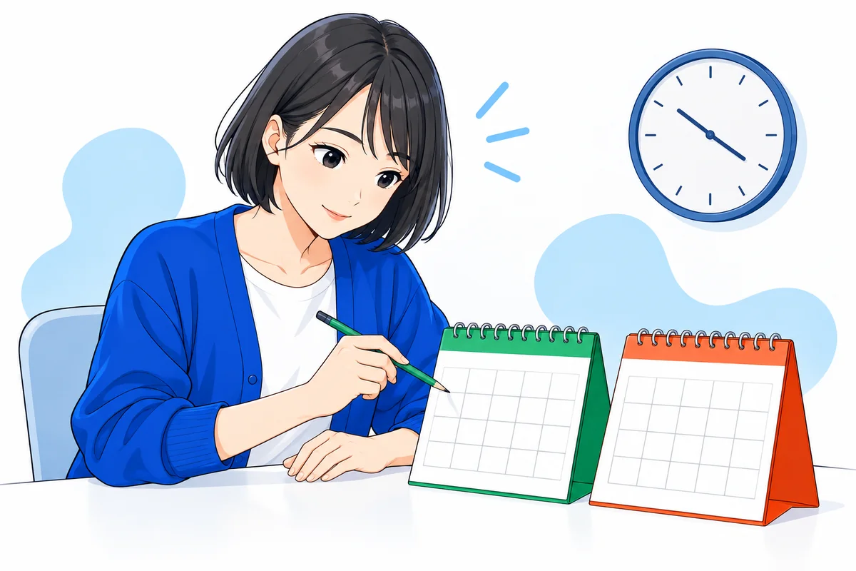 二つのカレンダーで借りる時期と返す時期を照合する女性