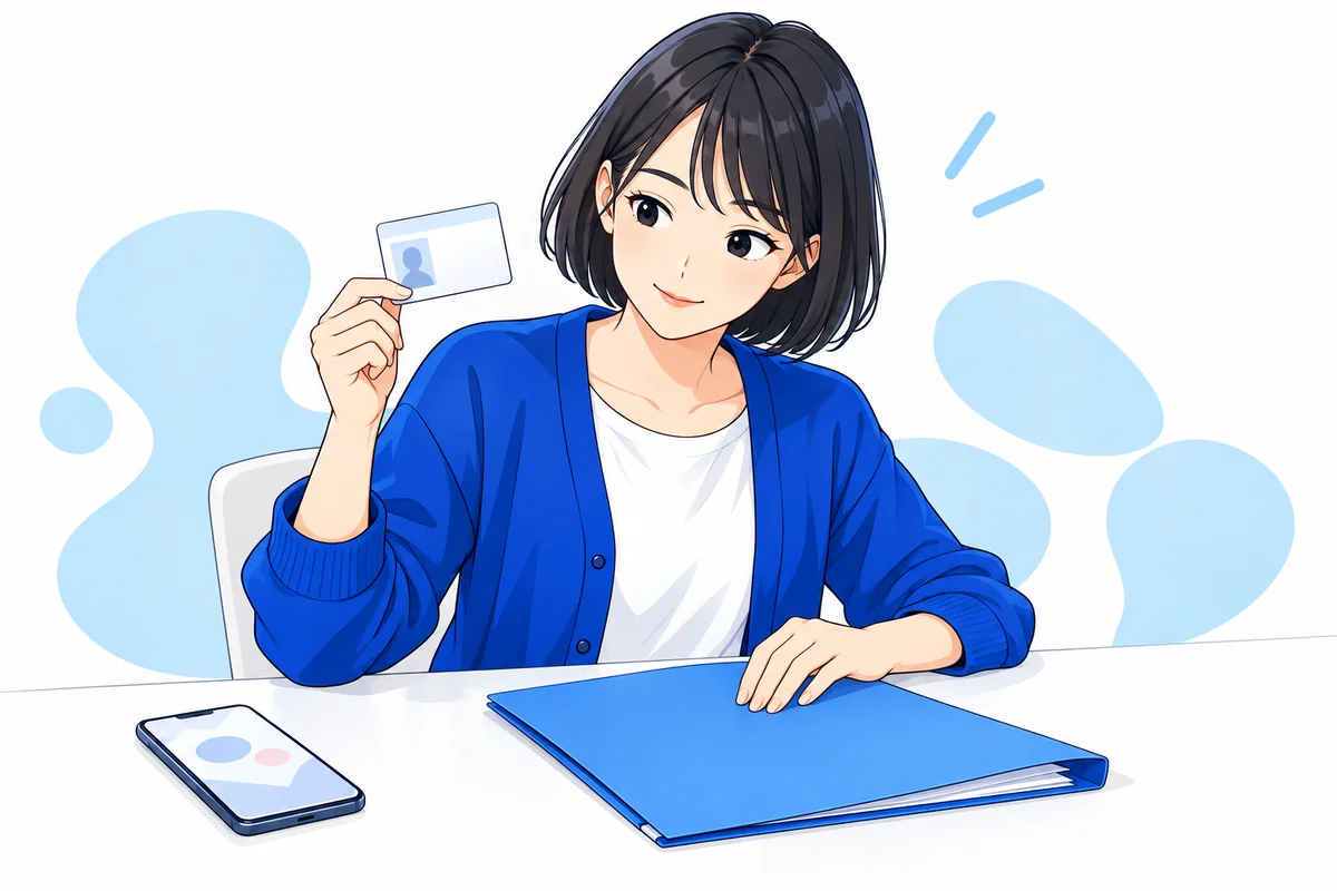 本人確認書類とスマートフォンを手元で確認する女性