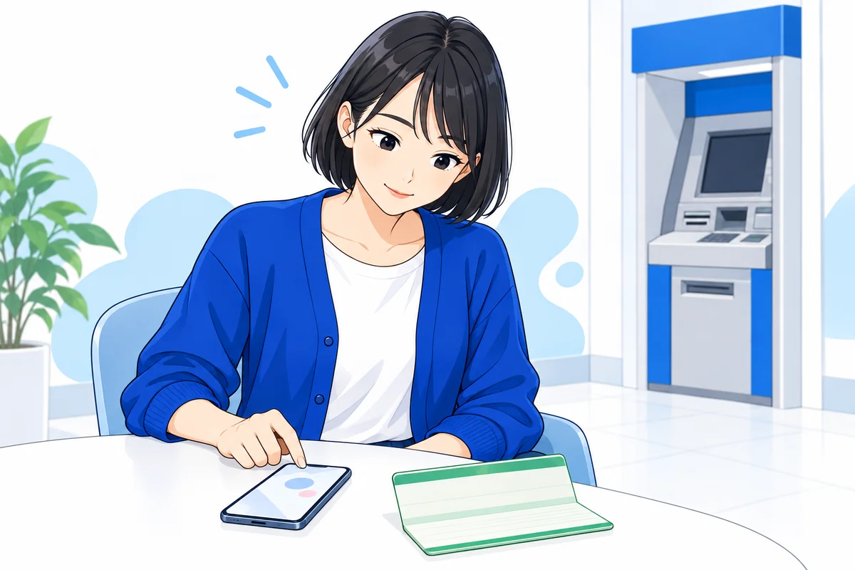 スマートフォンと銀行の書類を用意して受取方法を考える女性