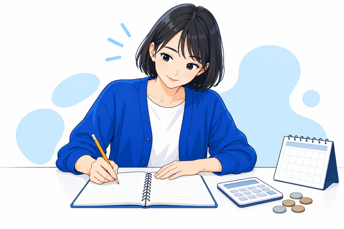 家計ノートとカレンダーを使って毎月の返済を考える女性