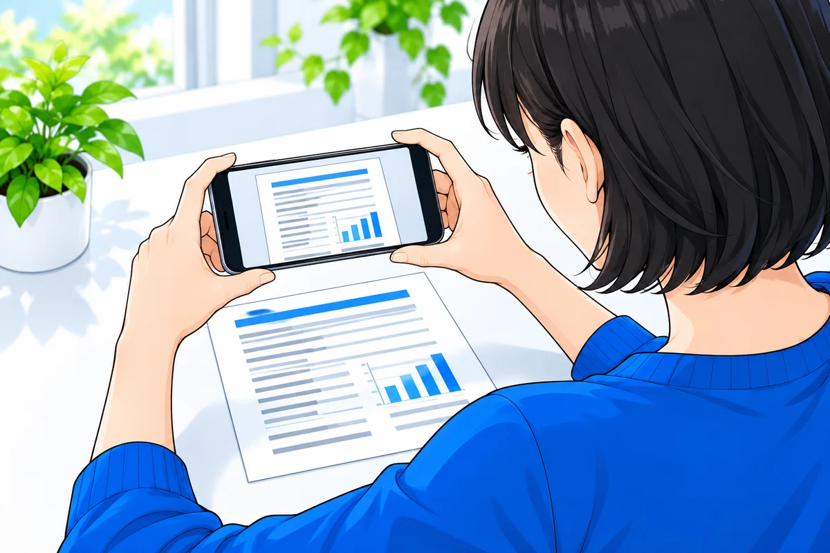 テーブルの上の紙の明細をスマートフォンで撮影する場面