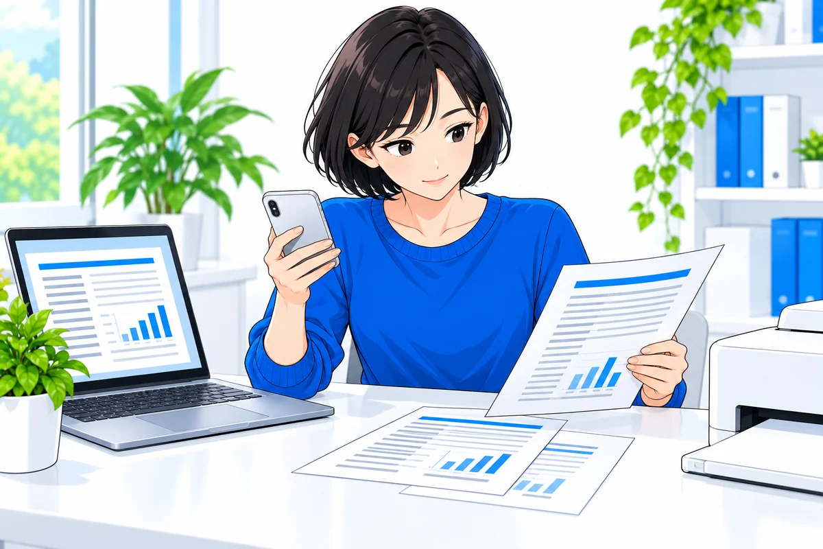 スマートフォンと紙の書類を見ながら提出方法を考える女性