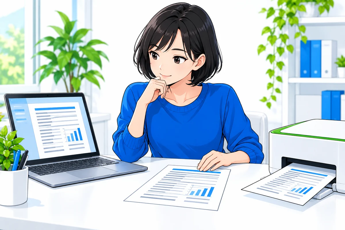 電子明細と印刷した書類を見比べる女性