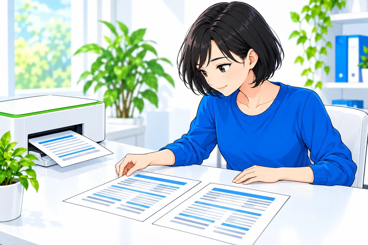 印刷した複数の明細を並べて内容を点検する女性