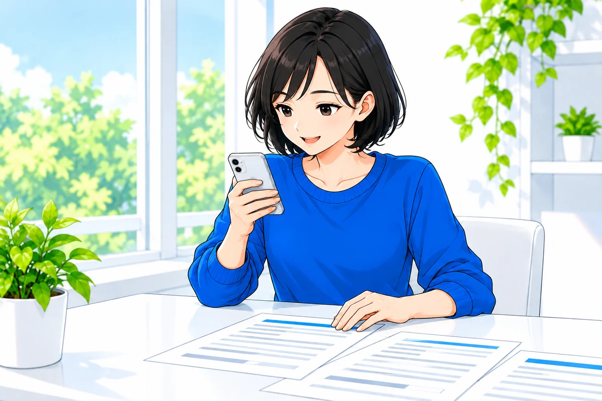 手元に書類を用意してスマートフォンで相談する女性